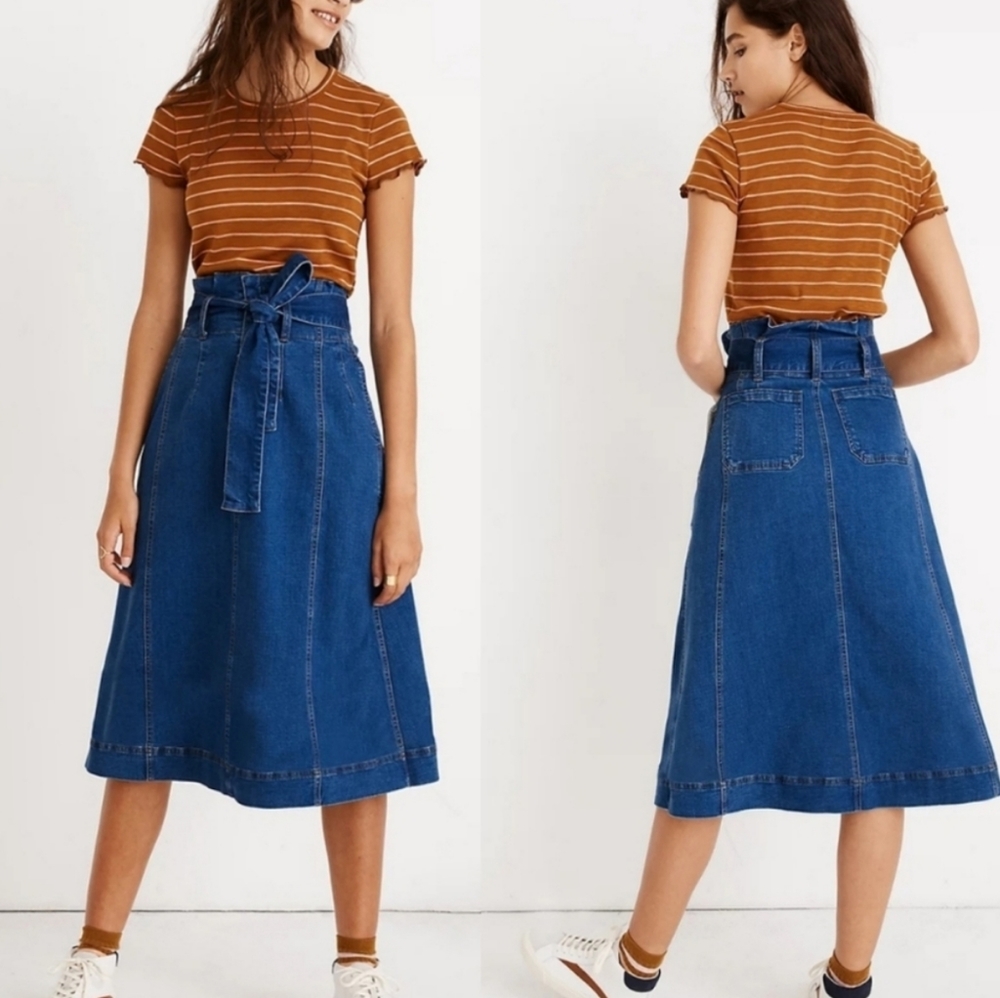 New Madewell Stretch Denim Paperbag Midi Skirt Size 4